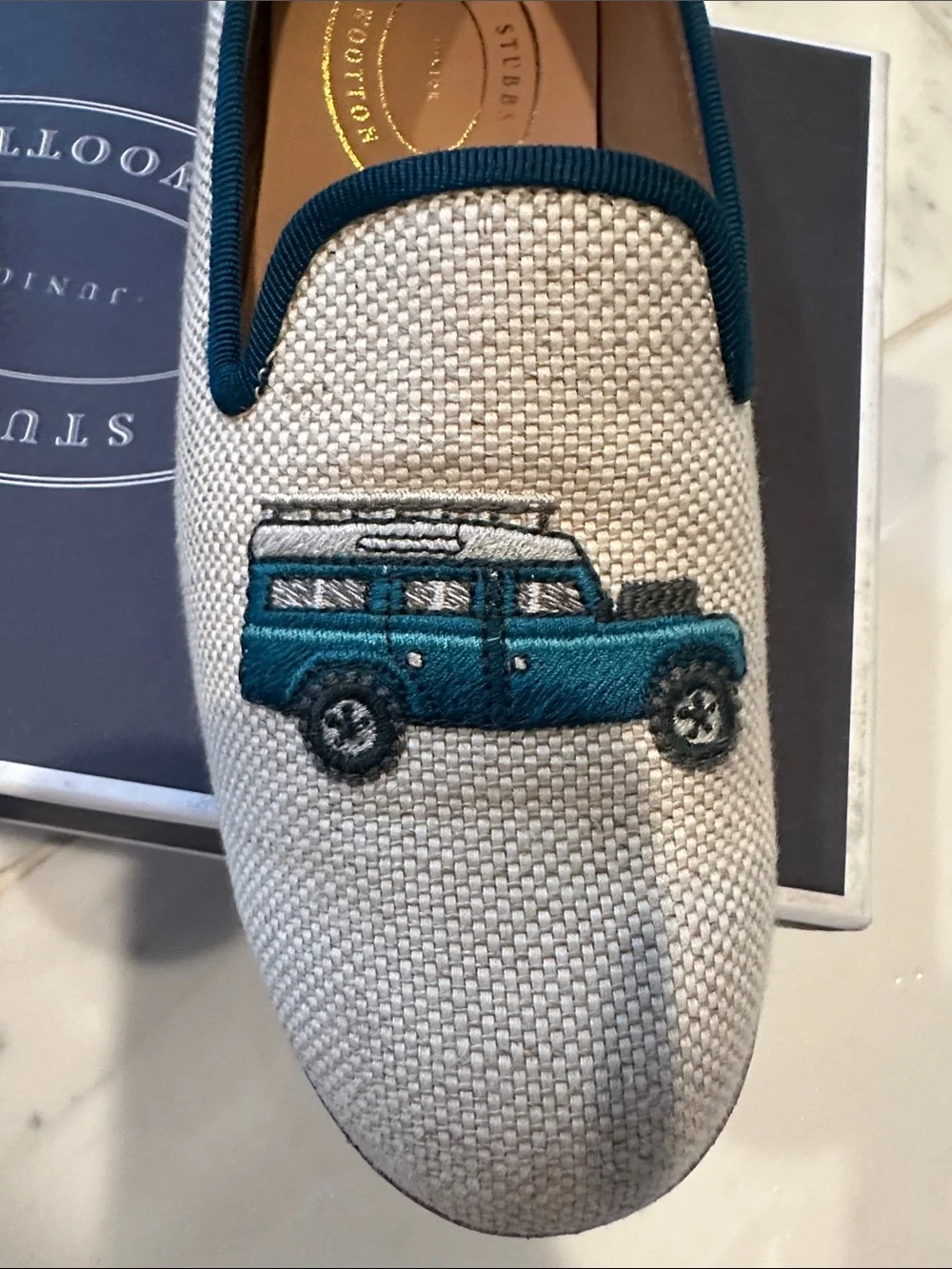 Stubbs & Wootton Cream Kids Loafers with Defender Car Motif
